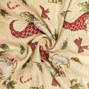 Tessuto per arredo Gobelin natalizio lurex motivo gnomi e fiocchi beige - oro - rosso - verde