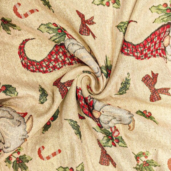Tessuto per arredo Gobelin natalizio lurex motivo gnomi e fiocchi beige - oro - rosso - verde
