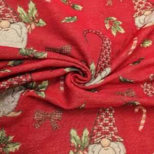 Tessuto per arredo Gobelin natalizio lurex motivo gnomi e fiocchi rosso - oro - verde