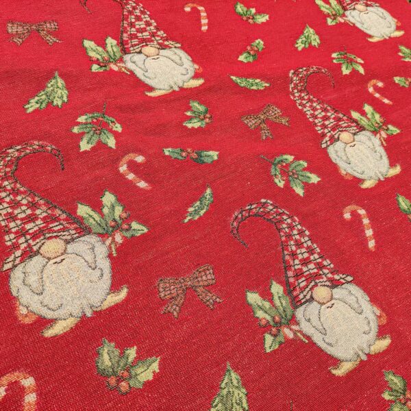 Tessuto per arredo Gobelin natalizio lurex motivo gnomi e fiocchi rosso - oro - verde