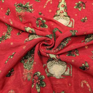 Tessuto per arredo Gobelin natalizio lurex motivo gnomi e ghirlande rosso - verde - oro