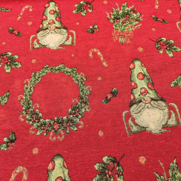 Tessuto per arredo Gobelin natalizio lurex motivo gnomi e ghirlande rosso - verde - oro