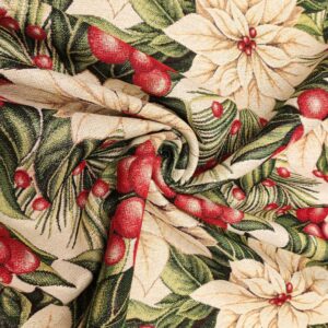 Tessuto per arredo Gobelin natalizio lurex motivo stella di natale beige - oro - rosso - verde