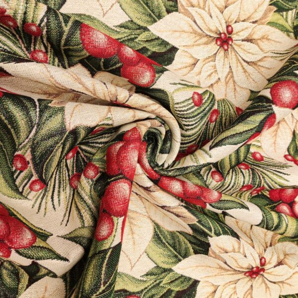 Tessuto per arredo Gobelin natalizio lurex motivo stella di natale beige - oro - rosso - verde
