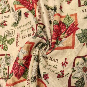Tessuto per arredo Gobelin natalizio lurex motivo stella di natale e scritte beige - oro - verde - bordeaux