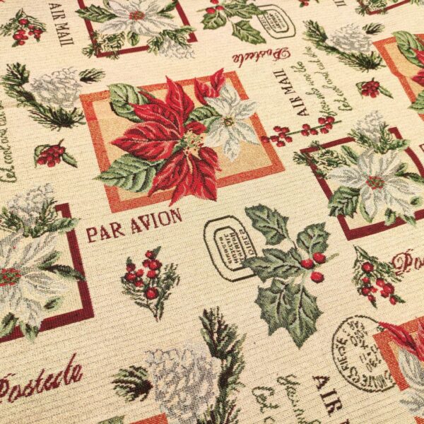 Tessuto per arredo Gobelin natalizio lurex motivo stella di natale e scritte beige - oro - verde - bordeaux