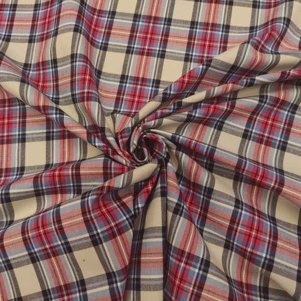 Tessuto Jeans Elasticizzato a fantasia doppiato con vellutino motivo quadri beige - rosso - celeste