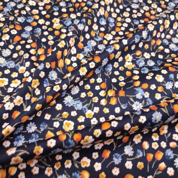 Tessuto Jersey peso autunnale a fantasia motivo floreale blu - giallo - arancione