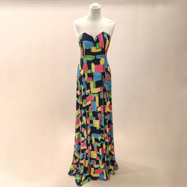 Tessuto Jersey a fantasia motivo astratto blu - giallo - fucsia - verde