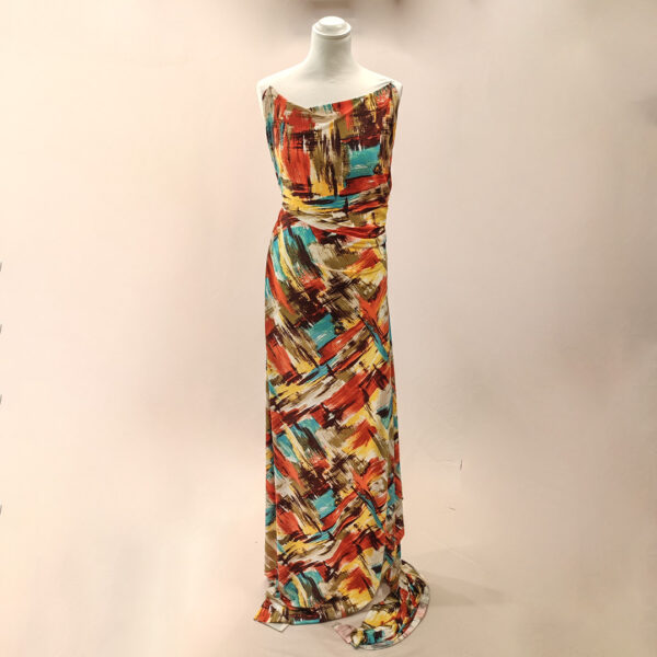 Tessuto Jersey a fantasia motivo astratto ruggine - turchese - tortora - arancione