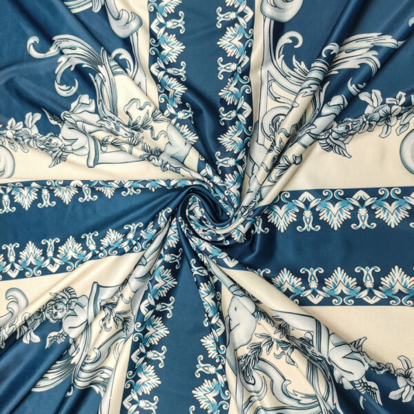 Tessuto Jersey lucido a fantasia motivo floreale barocco beige - blu ottanio