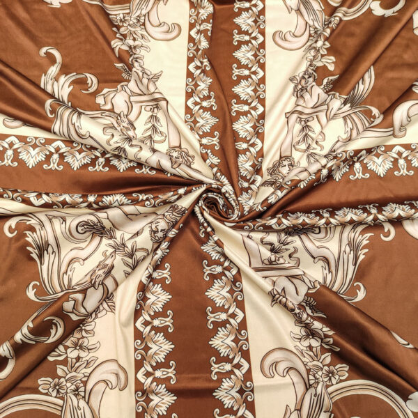 Tessuto Jersey lucido a fantasia motivo floreale barocco beige - cioccolato
