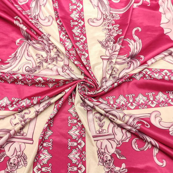 Tessuto Jersey lucido a fantasia motivo floreale barocco beige - fucsia