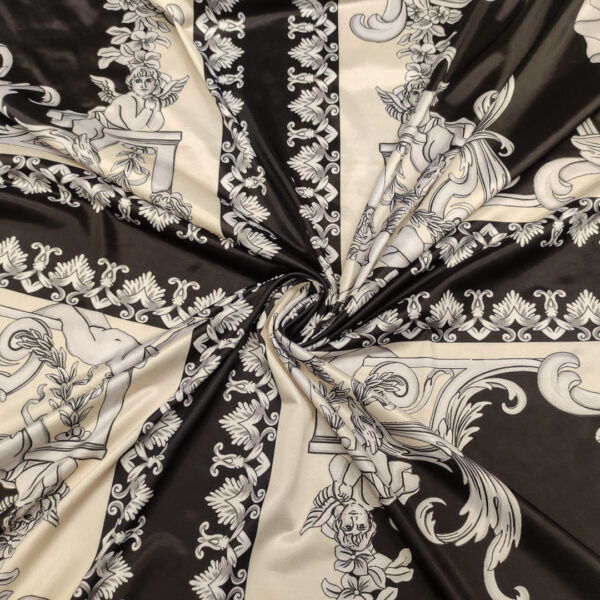 Tessuto Jersey lucido a fantasia motivo floreale barocco beige - nero