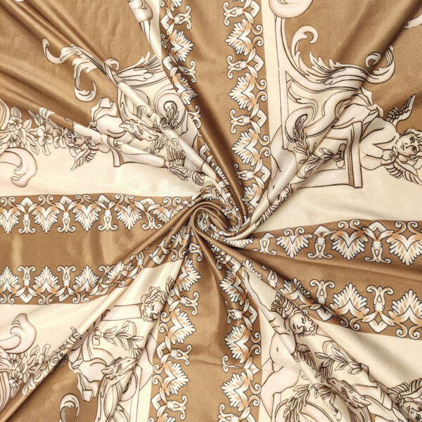 Tessuto Jersey lucido a fantasia motivo floreale barocco beige - nocciola