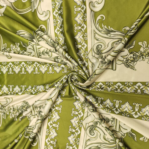 Tessuto Jersey lucido a fantasia motivo floreale barocco beige - verde acido