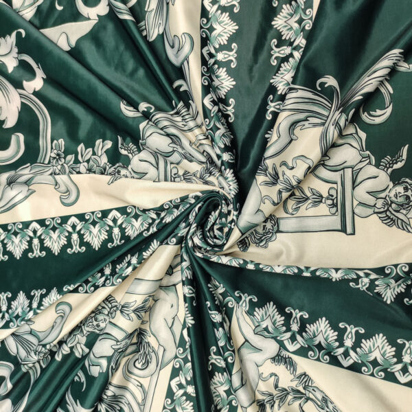 Tessuto Jersey lucido a fantasia motivo floreale barocco beige - verde