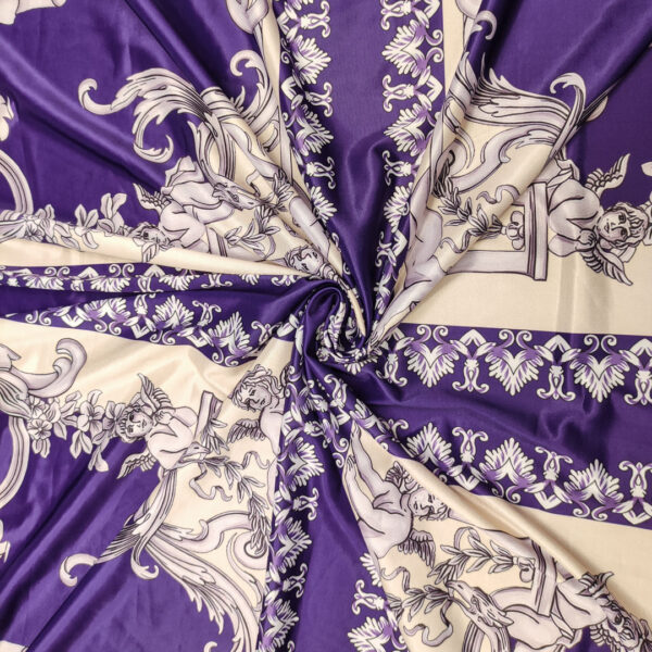 Tessuto Jersey lucido a fantasia motivo floreale barocco beige - viola
