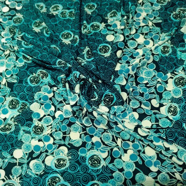 Tessuto Jersey peso autunnale a fantasia motivo astratto verde ottanio - blu notte - panna
