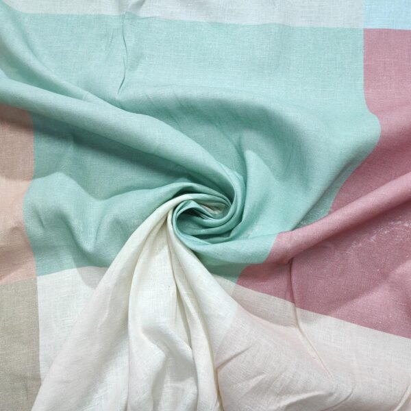 Tessuto Lino a fantasia motivo quadri verde salvia - rosa - turchese