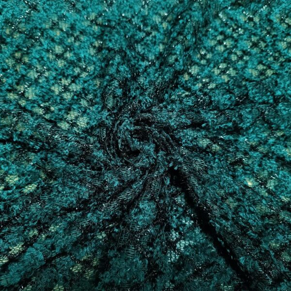 Tessuto maglia a rete lamè motivo geometrico verde petrolio