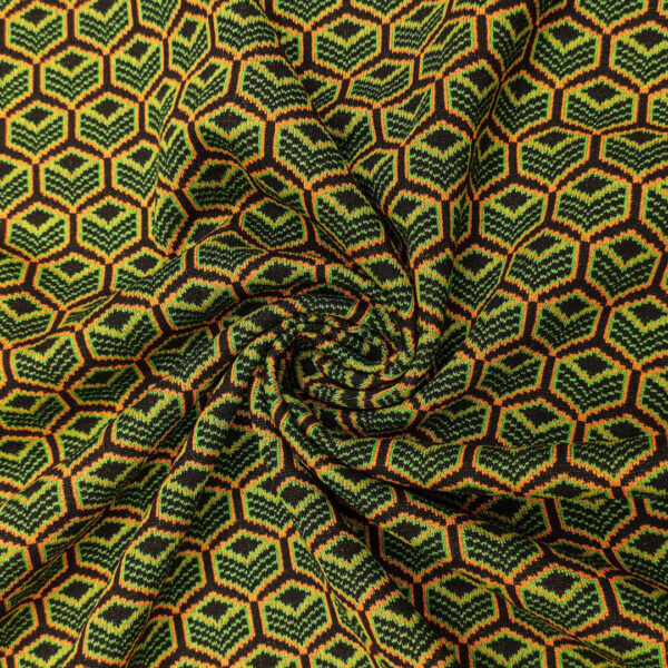 Tessuto Maglia Mano Lana a fantasia motivo geometrico verde - nero - arancione