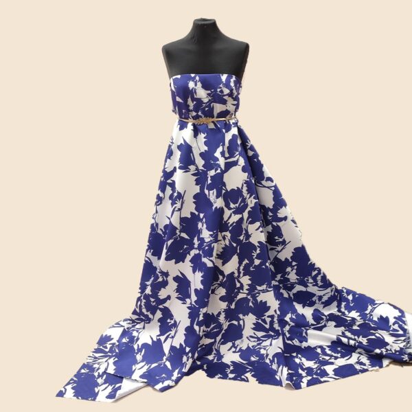 Tessuto Mikado a fantasia motivo floreale bianco - blu navy