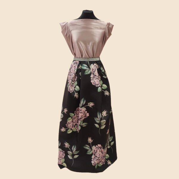 Tessuto Mikado a fantasia motivo floreale nero - rosa - verde