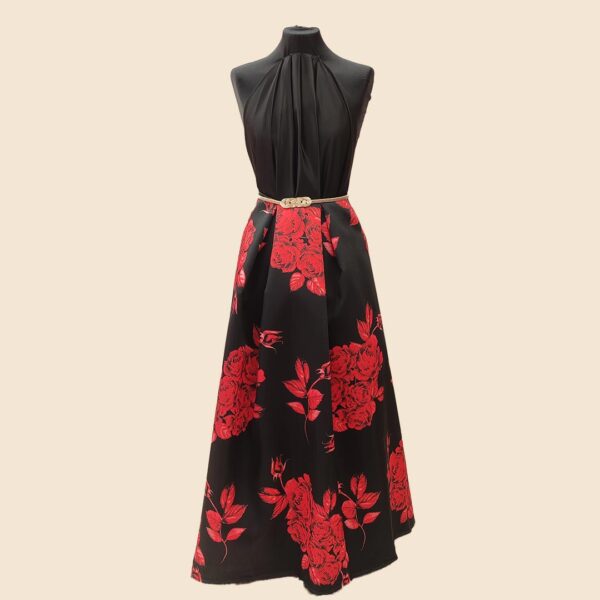 Tessuto Mikado a fantasia motivo floreale rosso - nero