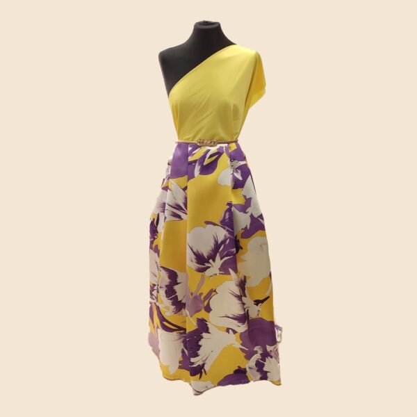 Tessuto Mikado a fantasia motivo floreale viola - giallo - bianco