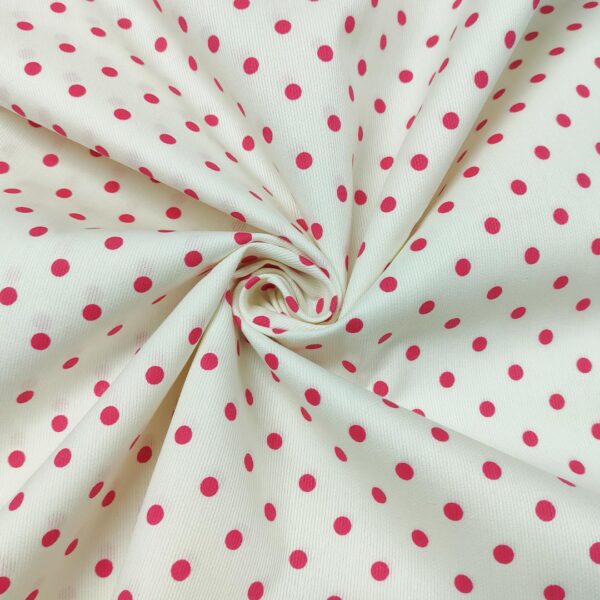 Tessuto Millerighe di Cotone a fantasia motivo pois grandi panna - fucsia