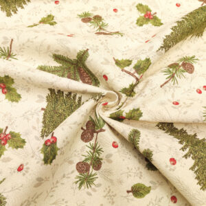 Tessuto Misto Cotone decorativo natalizio lurex motivo alberi e bacche oro - beige - verde - rosso