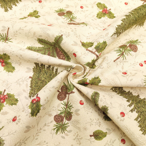Tessuto Misto Cotone decorativo natalizio lurex motivo alberi e bacche oro - beige - verde - rosso