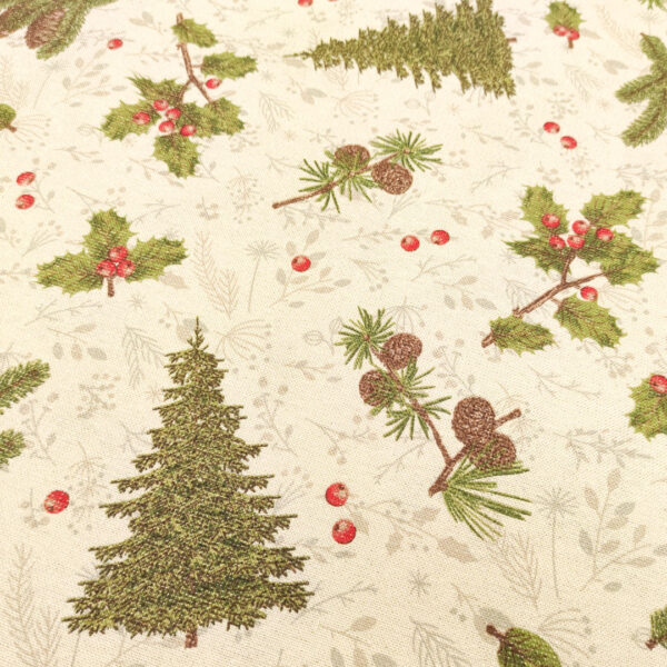 Tessuto Misto Cotone decorativo natalizio lurex motivo alberi e bacche oro - beige - verde - rosso