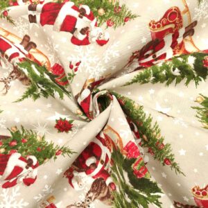 Tessuto Misto Cotone decorativo natalizio motivo babbo natale beige - rosso - verde