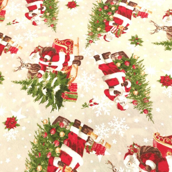 Tessuto Misto Cotone decorativo natalizio motivo babbo natale beige - rosso - verde