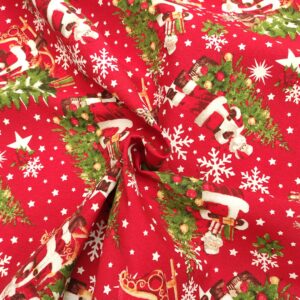Tessuto Misto Cotone decorativo natalizio motivo babbo natale rosso - verde - bianco