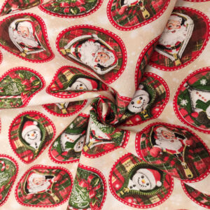 Tessuto Misto Cotone decorativo natalizio motivo babbo natale e pupazzo di neve beige - rosso - verde