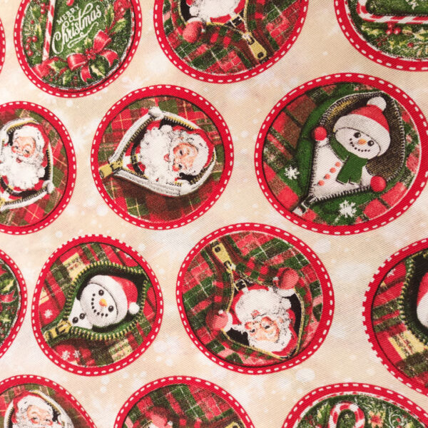 Tessuto Misto Cotone decorativo natalizio motivo babbo natale e pupazzo di neve beige - rosso - verde