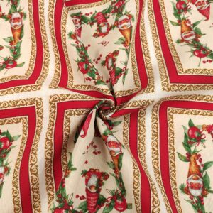 Tessuto Misto Cotone decorativo natalizio motivo gnomi beige - rosso - verde