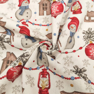 Tessuto Misto Cotone decorativo natalizio motivo pupazzo di neve bianco - rosso - carta da zucchero
