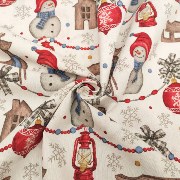 Tessuto Misto Cotone decorativo natalizio motivo pupazzo di neve bianco - rosso - carta da zucchero