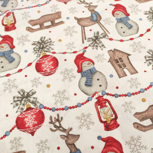 Tessuto Misto Cotone decorativo natalizio motivo pupazzo di neve bianco - rosso - carta da zucchero
