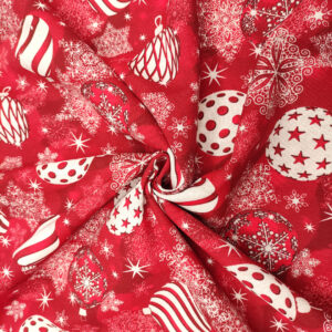 Tessuto Misto Cotone decorativo natalizio motivo sfere rosso - bianco
