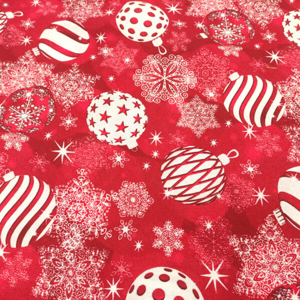 Tessuto Misto Cotone decorativo natalizio motivo sfere rosso - bianco