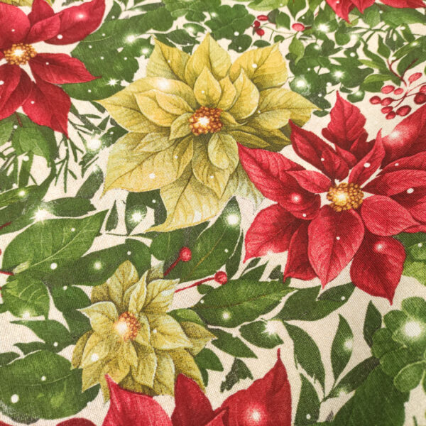 Tessuto Misto Cotone decorativo natalizio motivo stella di natale bordeaux - verde