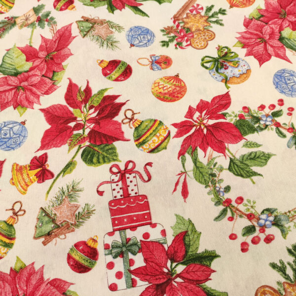 Tessuto Misto Cotone decorativo natalizio motivo stella di natale panna - verde - rosso