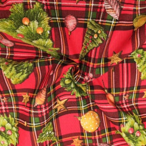 Tessuto Misto Cotone decorativo natalizio motivo tartan ed alberi rosso - verde - giallo