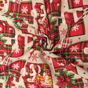 Tessuto Misto Cotone decorativo natalizio motivo babbo natale beige - rosso - verde
