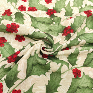 Tessuto Misto Cotone decorativo natalizio motivo vischio beige - rosso - verde